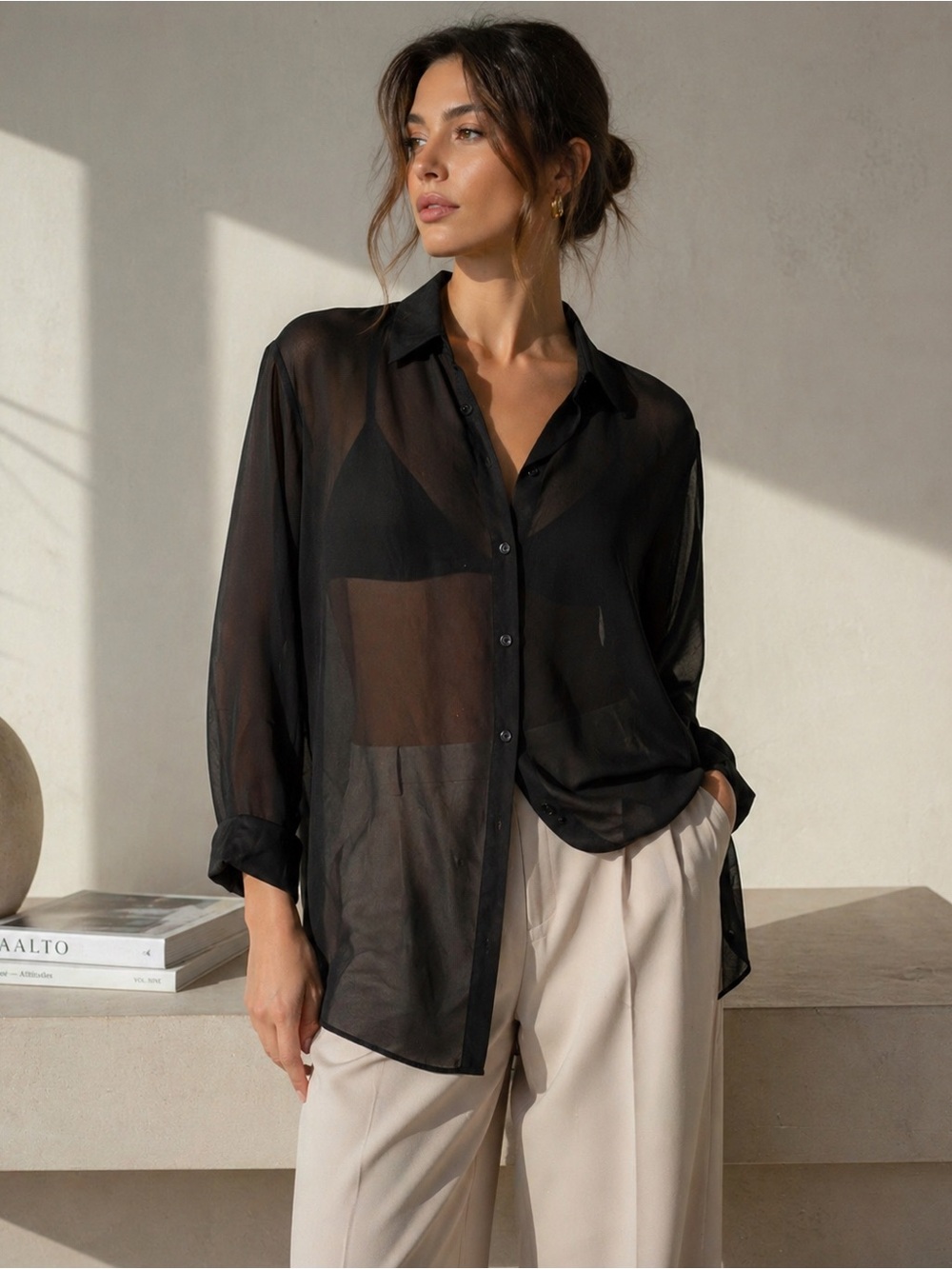 Sheer Black Button Down Blouse XS Oversized Minimalist Chic Layering Top